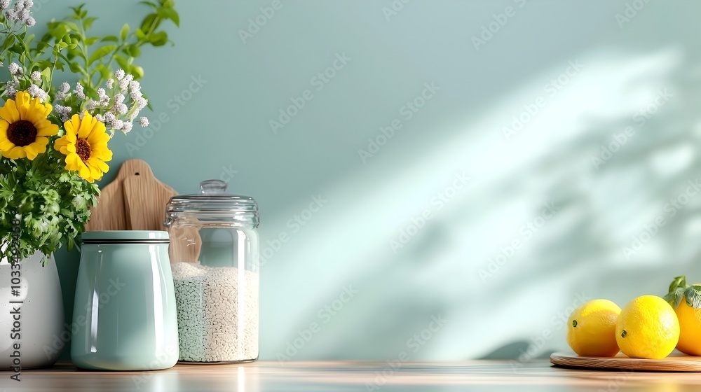 Poster pristine and tidy kitchen counter featuring a blank cookbook with ample room for copy space or produ