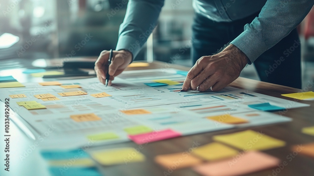 Poster creative workspace with sticky notes and documents