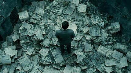 A man in a suit surrounded by stacks of decaying papers and documents, symbolizing overwhelming workload, chaos, or bureaucracy.