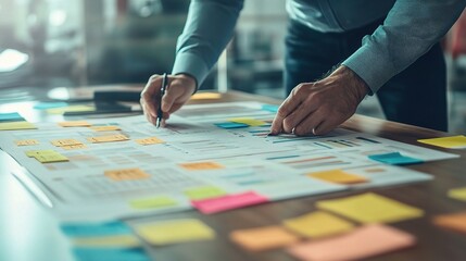Obraz premium Creative Workspace with Sticky Notes and Documents
