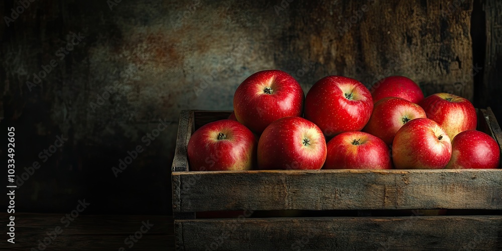 Poster cluster of ripe red apples in a wooden box with dim light in a dark room, featuring copy space for t