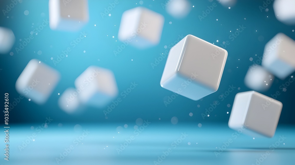 Aufkleber floating abstract geometric cubes in a bright minimalist and modern digital space with room for text