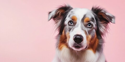 Fototapeta premium Portrait of an Australian Shepherd dog gazing at the camera against a pink background.