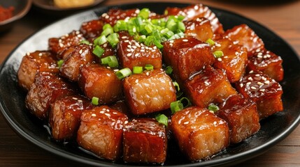 Delicious Glazed Pork Belly on a Black Plate