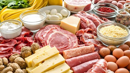 An assortment of high-protein foods including raw meat, cheese, eggs, and dairy products, showcasing protein-rich options for nutrition and cooking.