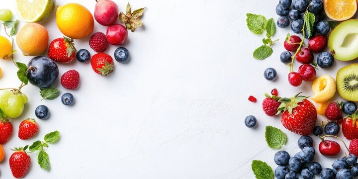 Assorted summer fruits on a white background. Fresh raw food idea. Copyspace, panorama, banner.