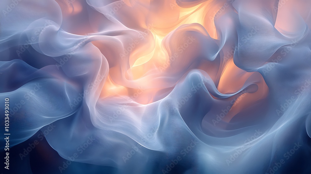 Poster A fluid composition of swirling waves in soft blue tones, illuminated by warm light, creating a mesmerizing abstract visual experience.