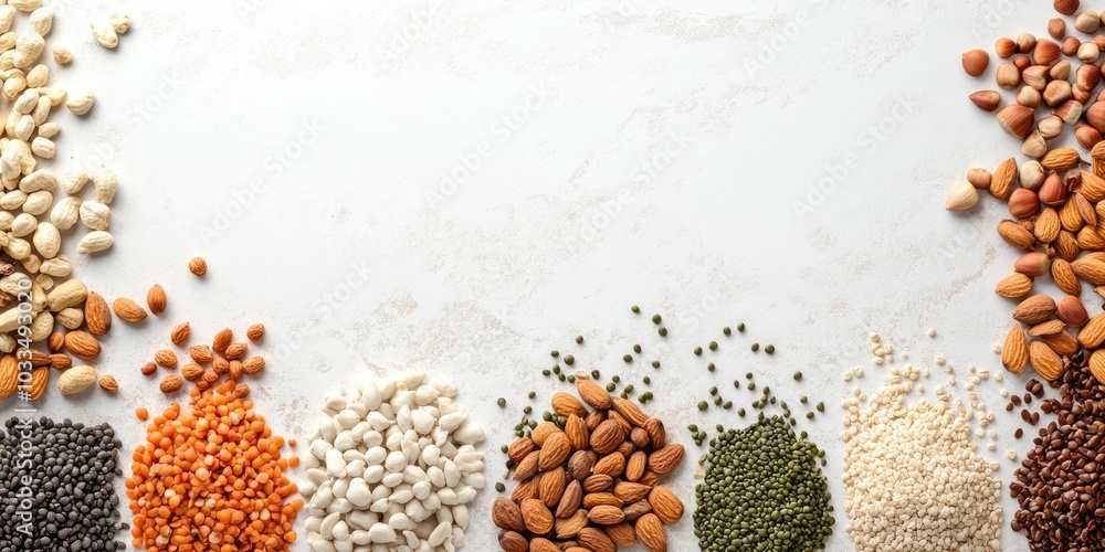 Poster keto diet. rows of vegetable seeds and nuts. clear space from a top view.