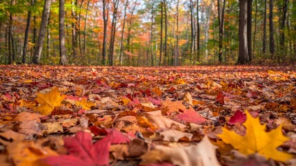 Vibrant autumn forest with leaves in shades of red, orange, and yellow carpeting the ground