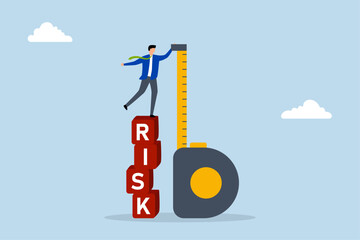 Risk assessment, Businessman investor assesses risk by standing on a stack of boxes.