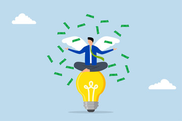 Angel investor, wealthy entrepreneur has a lightbulb moment with angel wings and a stack of cash.