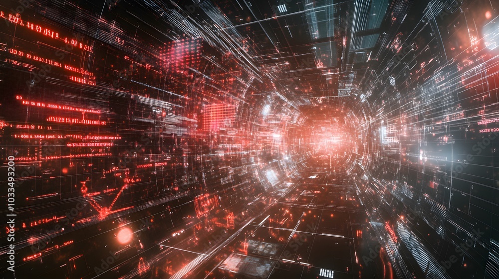 Poster abstract digital tunnel with red glowing lines and data