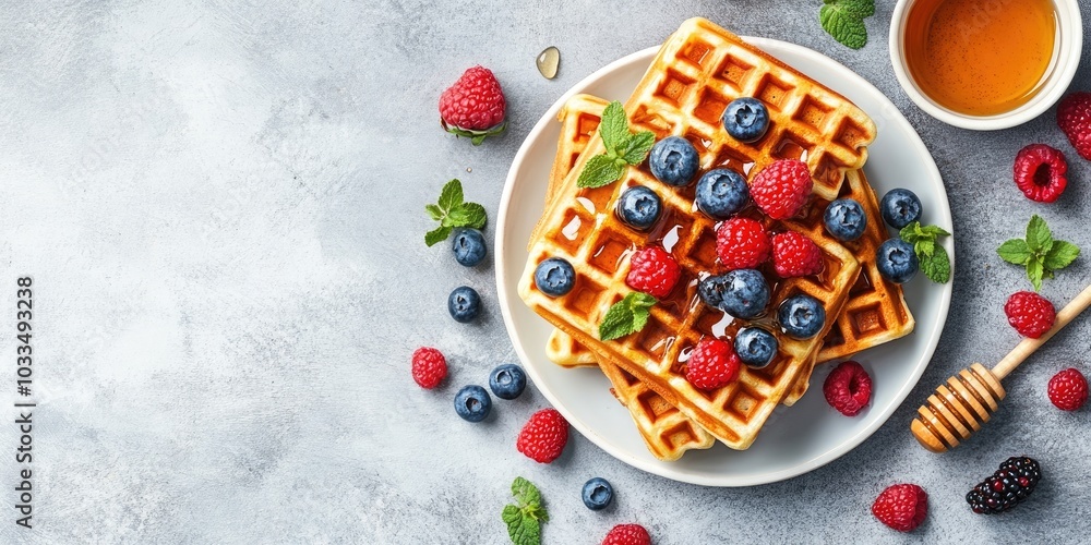 Poster homemade belgian waffles topped with berries and honey, set against a concrete background with copy 