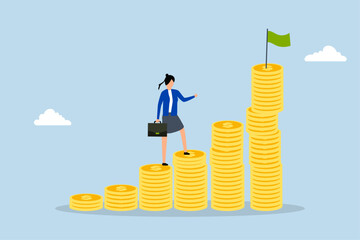 Woman investing, successful female investor climbs a stack of money coins to achieve her financial goals.