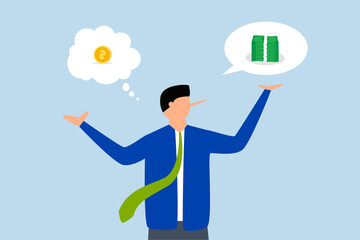 Exaggeration lying about investment profit, Businessman deceives by boasting about large profits while actually focusing on small amounts of money.