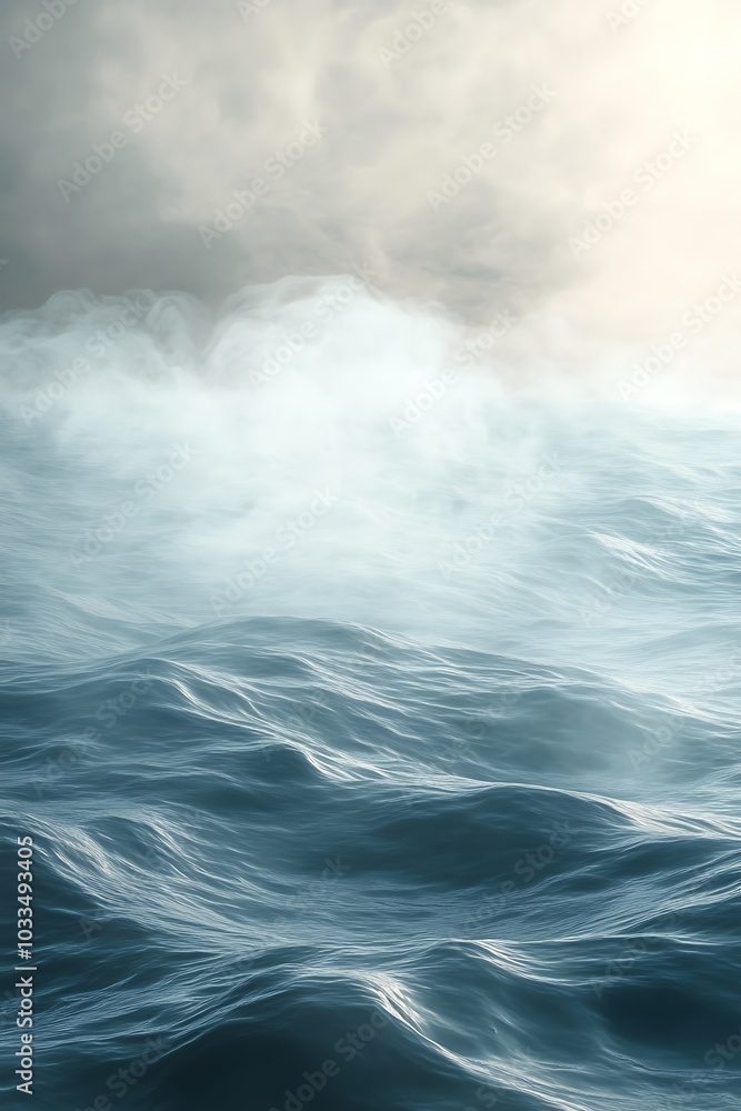 Poster A serene ocean scene with gentle waves and misty clouds, creating a tranquil atmosphere.