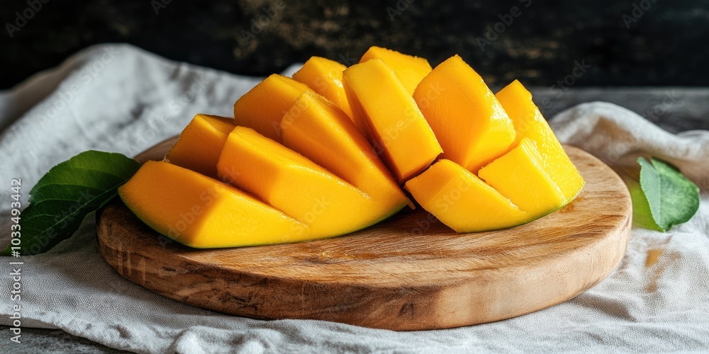 Poster the mango is sliced into pieces and placed on a wooden board on a linen tablecloth.