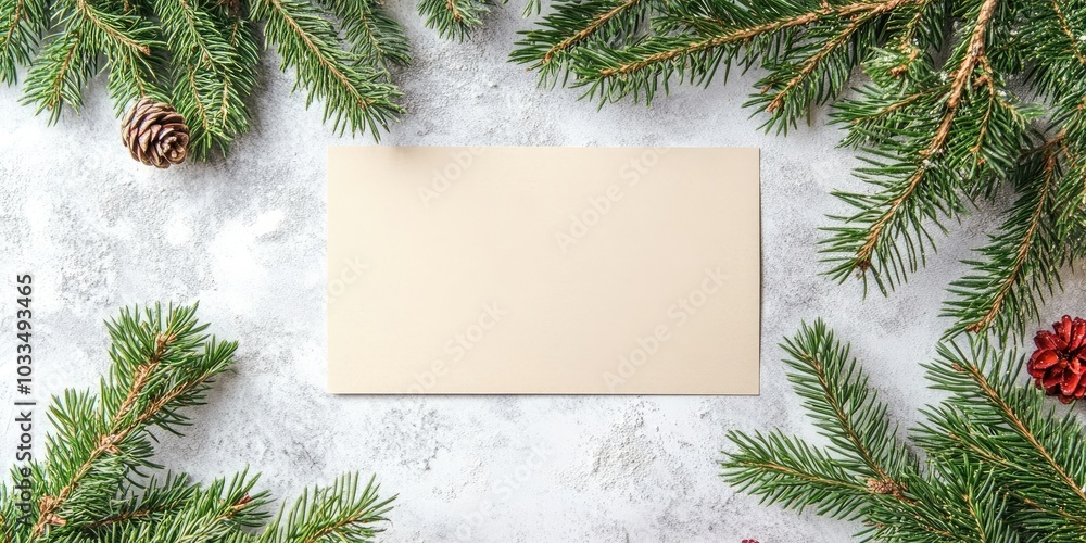 Aufkleber christmas blank greeting card mock-up arrangement. innovative setup featuring christmas tree branche