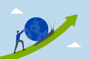 Global economic slowdown, businessman is using a slow snail to represent the gradual growth of GDP in the world economy. © dwara
