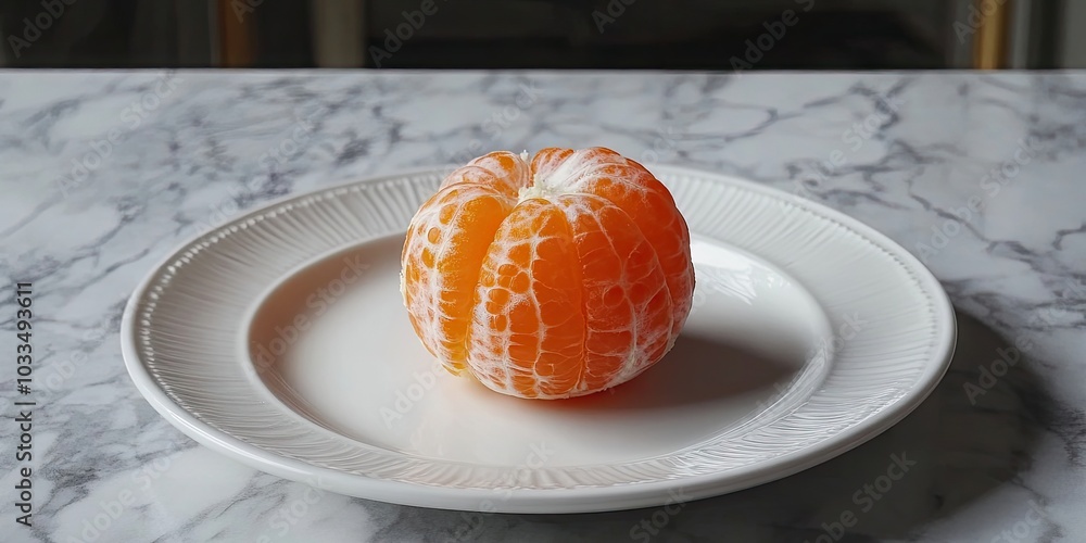 Poster clementine with its peeled core on a white plate on a table.