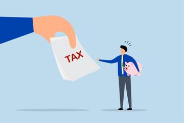 Tax burden or debt to pay for income tax, Businessman holding a piggy bank and examining tax invoices.