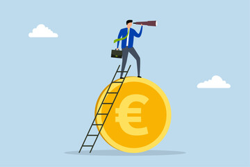 Europe economy forecast, Businessman investor ascends ladder on Euro coin while using telescope to gain better insight.