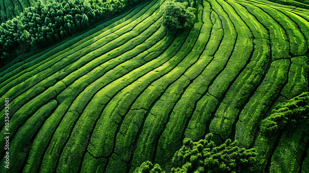 Poster aerial view of a tea plantation, with a textured background showing a beautiful pattern in the form 
