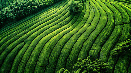 Aerial view of a tea plantation, with a textured background showing a beautiful pattern in the form of lines on a green field.