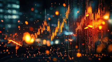 Fototapeta premium A vibrant abstract representation of financial data, showcasing glowing charts against a dark background with sparkles, ideal for finance or technology themes.
