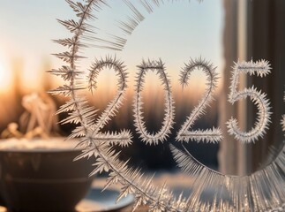2025 frost patterns on window forming crystalline numbers