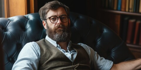 Obraz premium A man with a beard and glasses is sitting in a chair in front of a bookshelf. He is deep in thought or contemplation. The chair is a black leather recliner