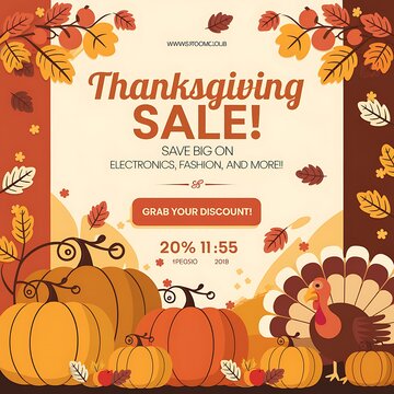Thanksgiving Sale Banner with Pumpkins, Turkey, and Autumn Leaves