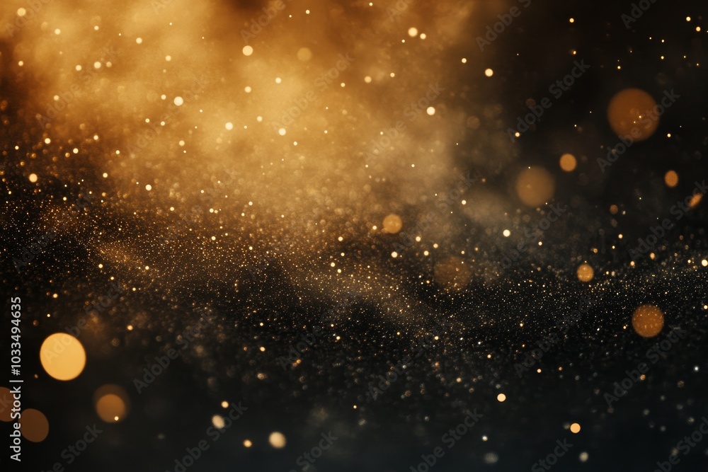 Poster abstract background with golden bokeh lights and particles on a dark background.