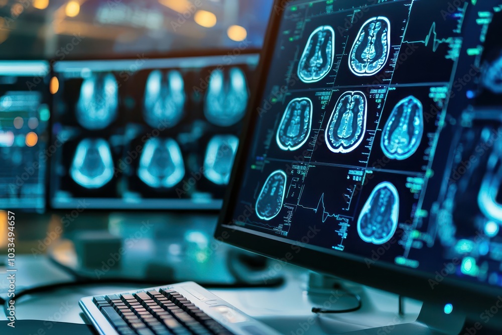 Aufkleber a high-tech medical workspace displaying brain scans on multiple monitors, showcasing advanced imagi