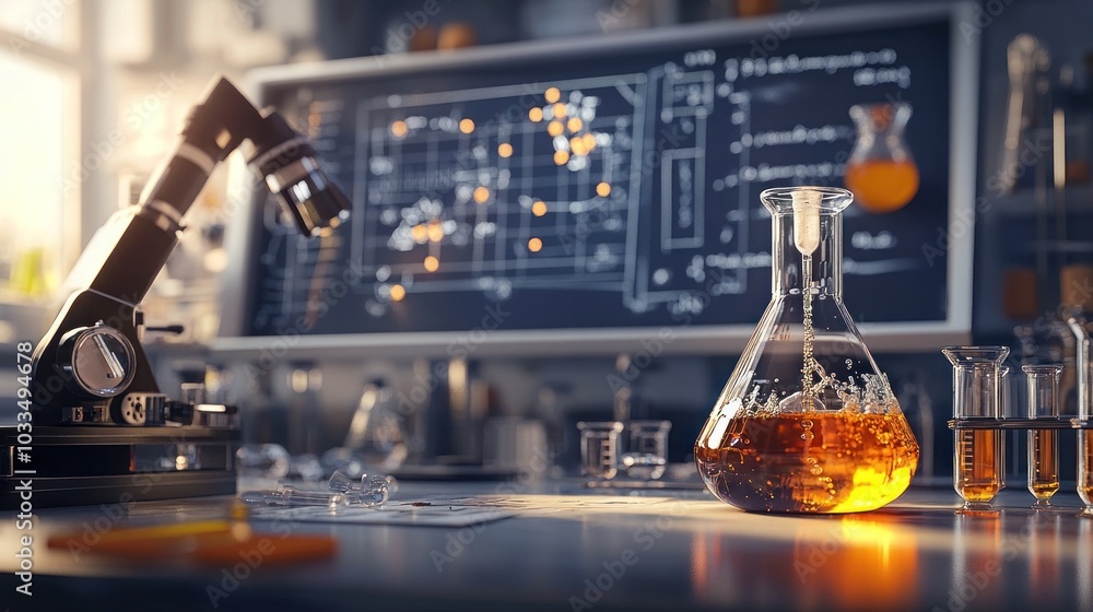 Poster a close-up of a beaker filled with yellow liquid in a laboratory setting. a microscope and other lab