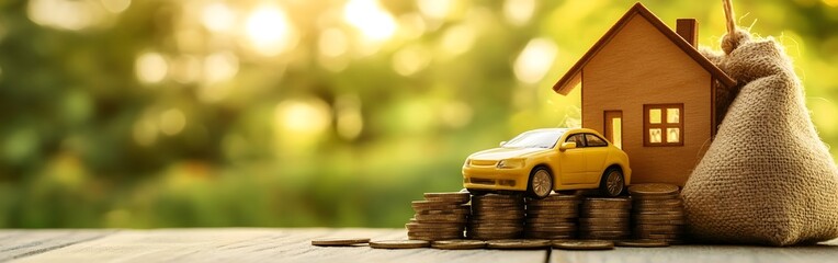 Fototapeta premium Wooden House Model with Coins and Yellow Car Symbolizing Financial Planning and Investment