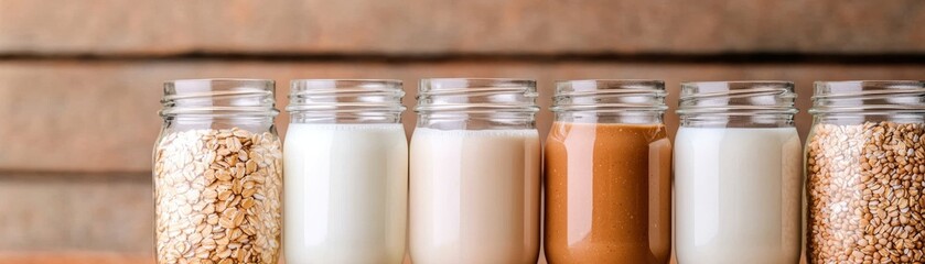 A row of jars filled with various plant-based milk alternatives showcasing a clean minimalist kitchen aesthetic