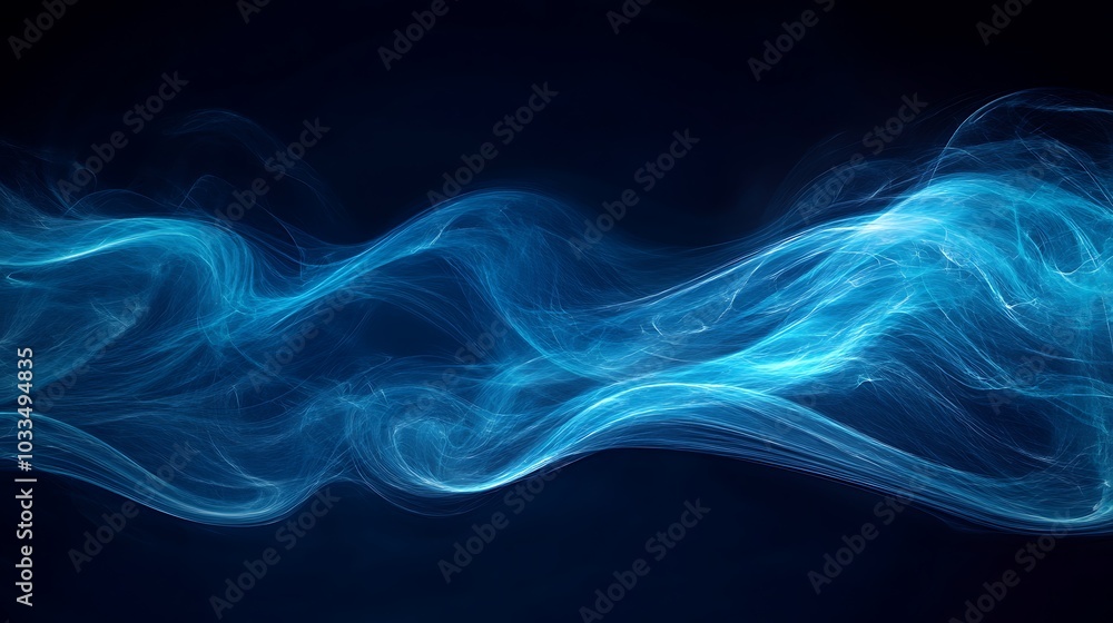 Poster a mesmerizing blue wave of light, representing fluid motion and digital abstract art against a dark 