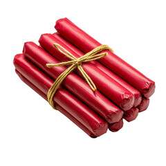 Red firecracker bundle tied with gold string ready to be lit isolated on a transparent background 
