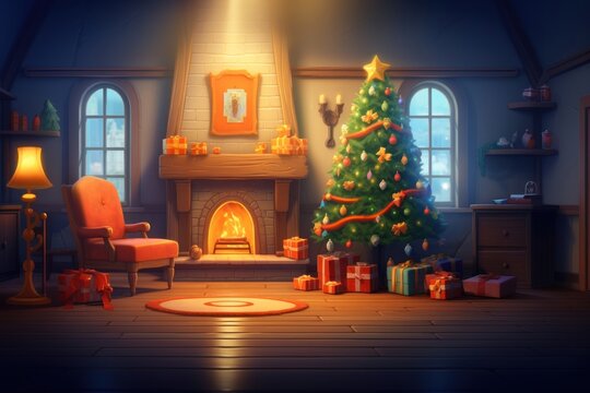 Inside Christmas Magic glowing tree fireplace christmas architecture.