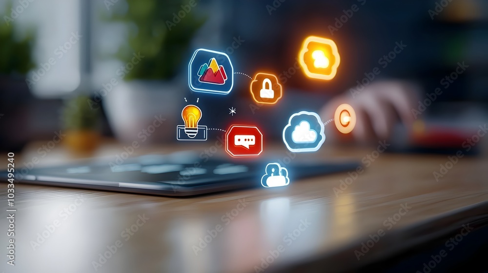 Poster floating neon icons in futuristic tech background with blank space for 3d minimalist glowing geometr