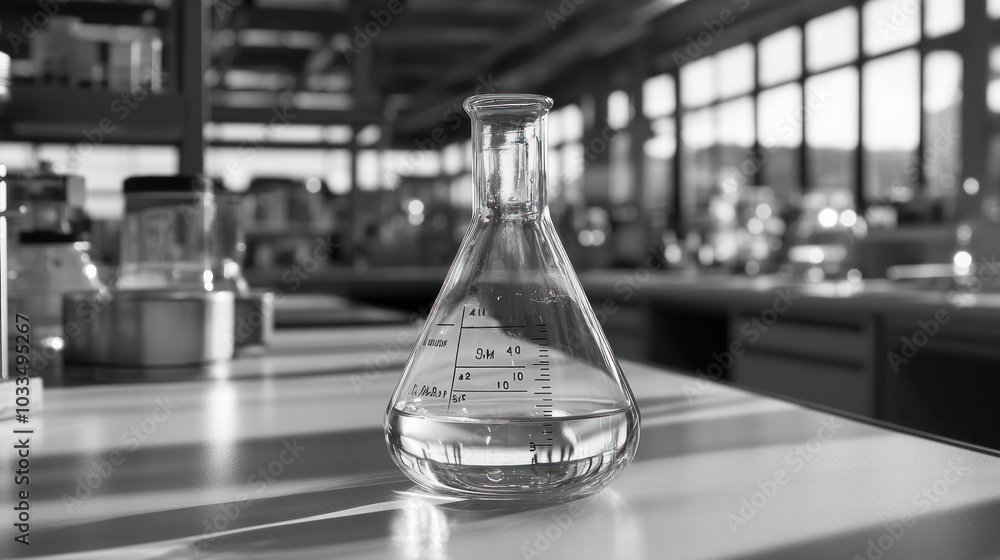 Poster a clear glass erlenmeyer flask filled with a liquid sits on a lab bench in a scientific laboratory.