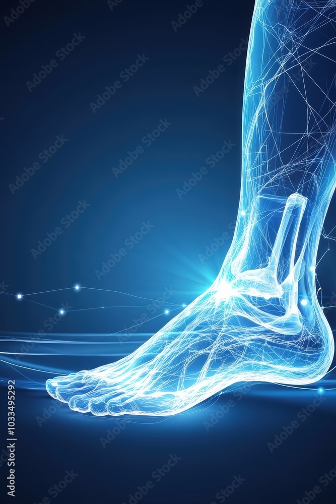 Wall mural a futuristic representation of a human foot with glowing connections, showcasing technology and anat