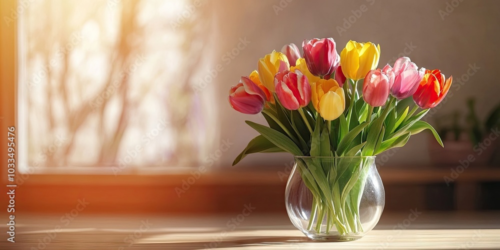 Poster a vase of multicolored tulips sits on the table near the wall. selective focus.