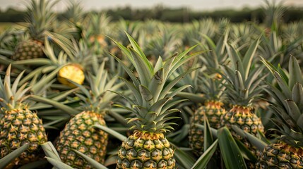 Obraz premium pineapple plantation with many pineapples --no text and people, human --chaos 10 --ar 16:9 Job ID: 4bbfde0b-8645-4ed2-a448-58bdd5d29f52