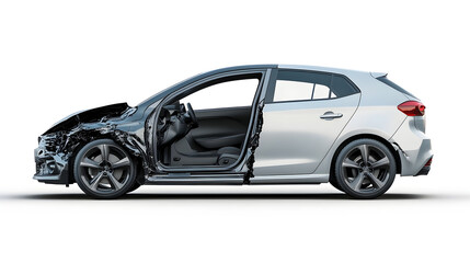 Damaged Hatchback Car in Lighting on Isolated Background