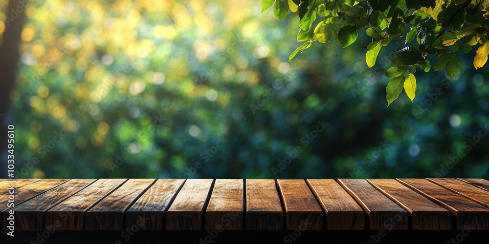 Poster Empty wooden deck table with a bokeh background of foliage. Prepared for product display montage.