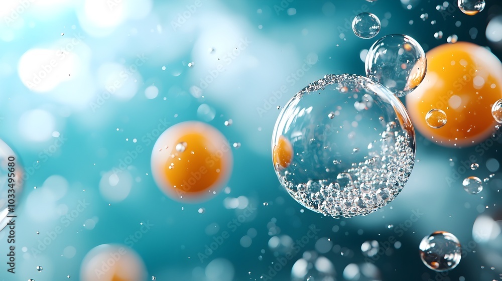 Poster ethereal floating bubbles in bright dimensional space abstract 3d calming serene and futuristic digi