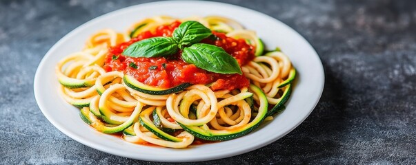 A vibrant plate of spaghetti topped with fresh basil and a rich tomato sauce showcasing a tempting and delicious pasta dish