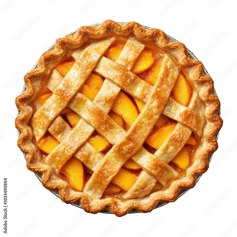 Poster rustic peach pie with lattice crust and golden brown edges isolated on a transparent background